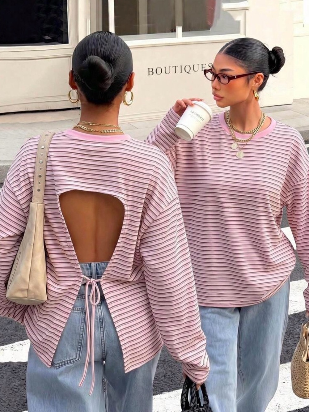 Striped Open-Back Pink Long-Sleeve Top